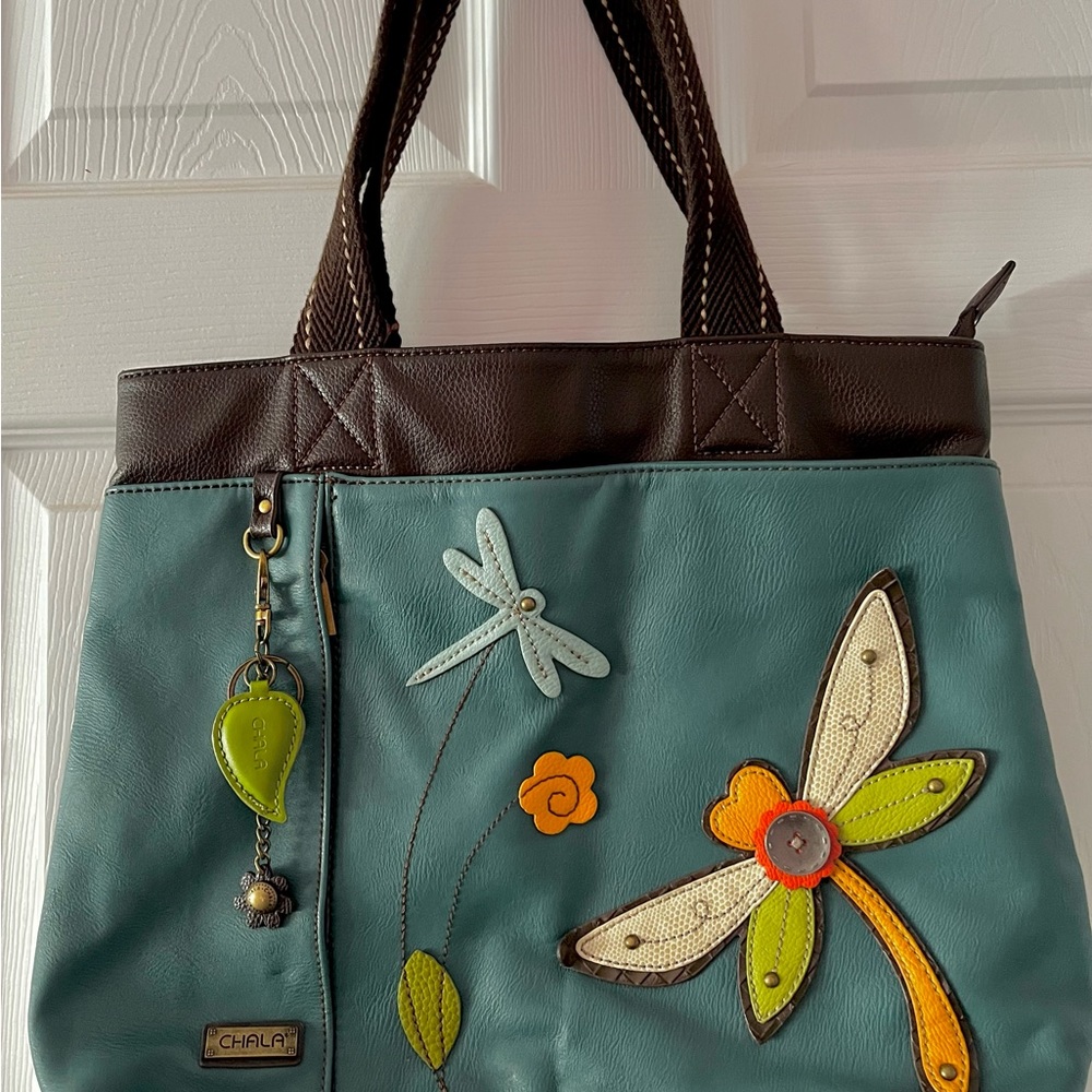 Chala Teal Turquoise Leather Handbag w/ dragonflies/buttons/flowers. Gorgeous!